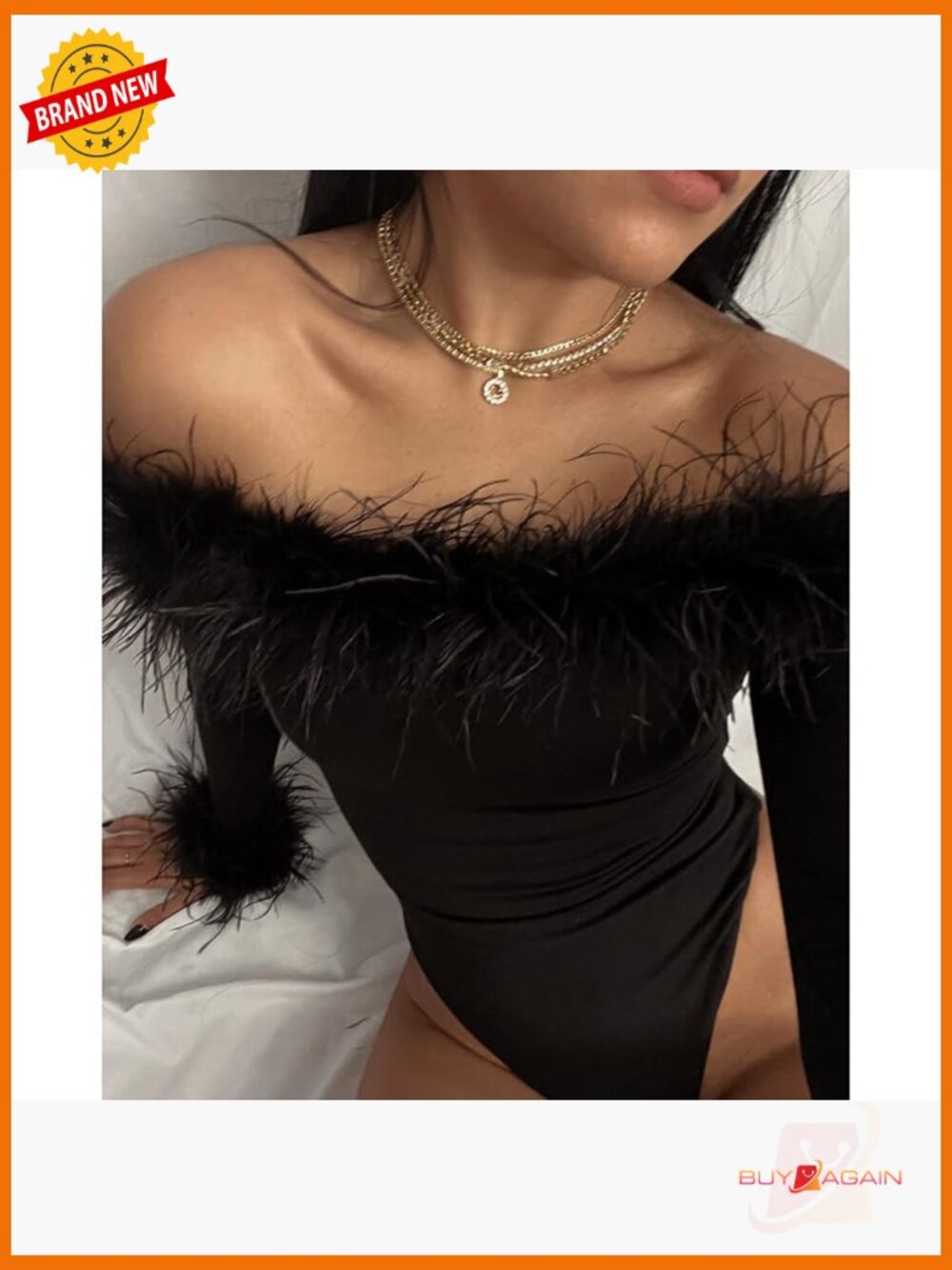 Long Sleeve Off Shoulder Bodysuit with Feather Trim Slim Fit - Picture 5 of 7